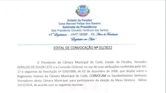 Câmara Municipal de Cuité realizará Eleição para escolha da Mesa Diretora em dezembro